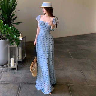 法式复古晕染波点蕾丝雪纺印花吊带连衣裙蓝色修身型源头工厂扎染
