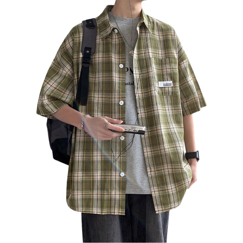 Camisa a cuadros verano nuevos hombres casual Camisa de manga corta marca de moda camisa de media manga estilo de Hong Kong abrigo de los hombres pulgadas