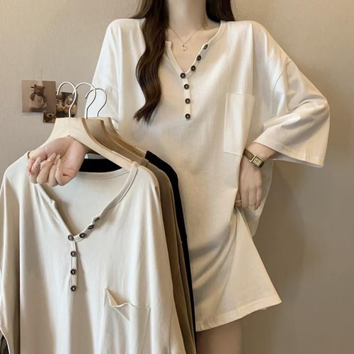 Korean-style oversized simple solid color V-neck t-shirt for women, large size, 300 pounds summer casual versatile long-sleeved top