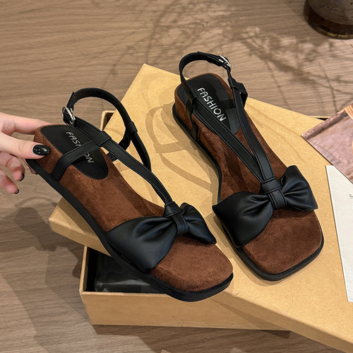Sole sandal for beach wear, trendy summer match, retro heel, women's butterfly knot, external Roman, new literary style, open-toe