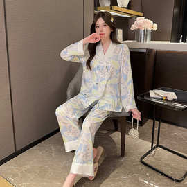 睡衣女春夏季冰丝薄款丝甜美长袖套装2024年新款可外穿网红家居服