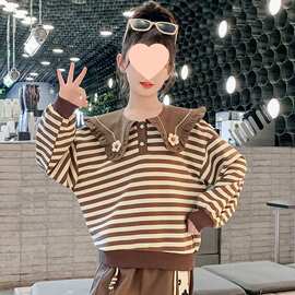 中小学生春秋季新款可爱条纹上衣装女童时髦洋气学院风娃娃领卫衣