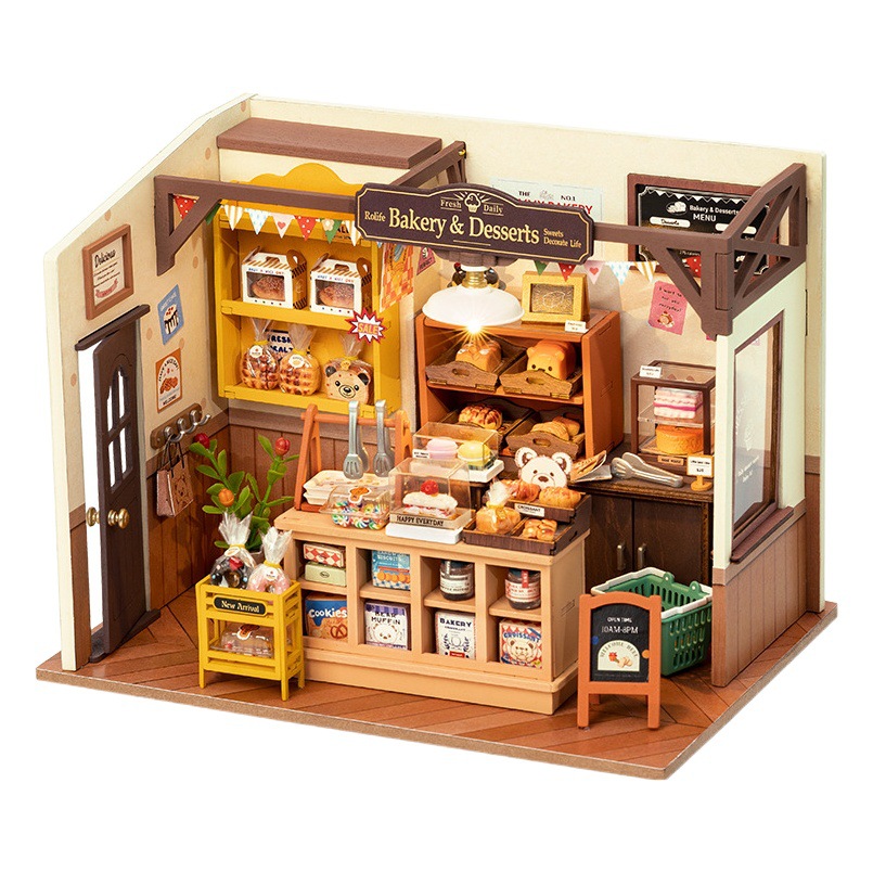 Ruo Lai Diy House, panadería de Becca, casa en miniatura, casa pequeña, rompecabezas tridimensional de madera, bloques de construcción de juguete