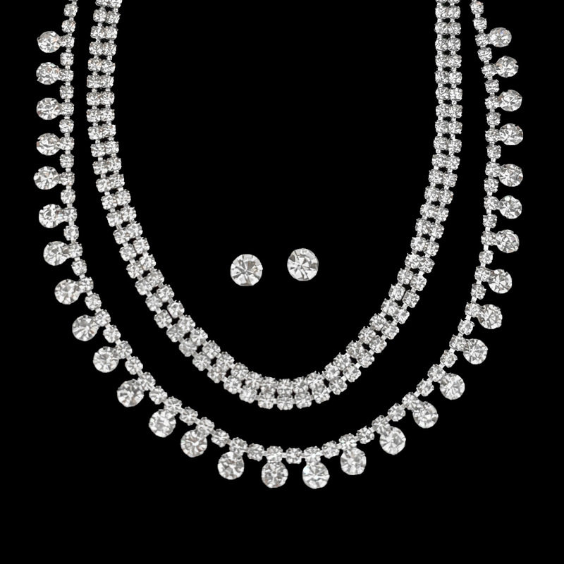 Cross-border fashion simple two-row rhinestone earrings necklace two-piece set dinner dress accessories neck chain chain women wholesale Cross-border fashion simple two-row rhinestone earrings necklace two-piece set dinner dress accessories neck chain chain women wholesale