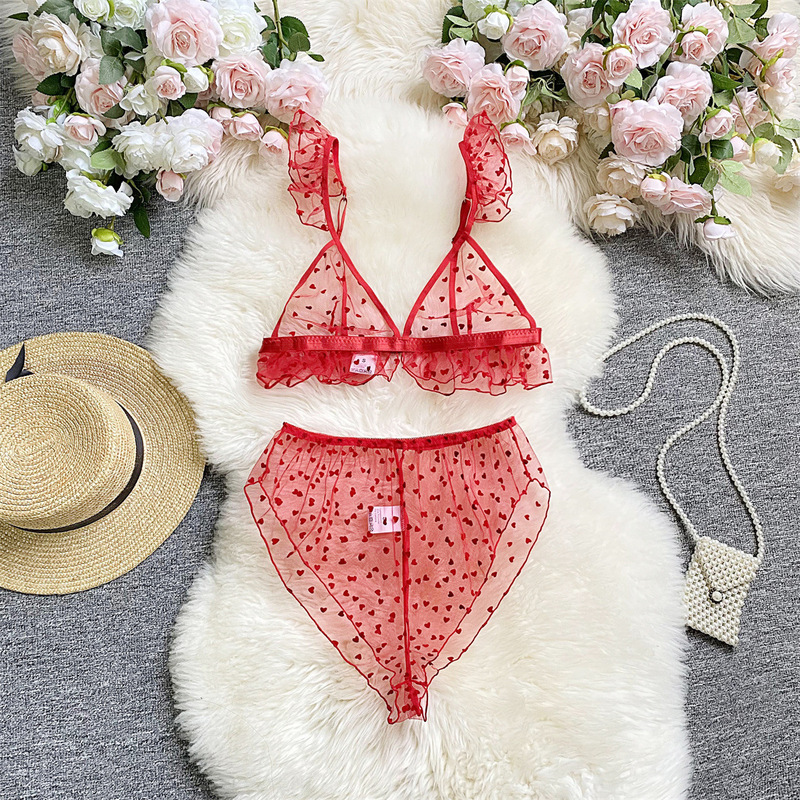 Valentine's Day sexy underwear women's love flocking beauty back mesh ruffled triangle cup sexy suit hot pants 2168 Valentine's Day sexy underwear women's love flocking beauty back mesh ruffled triangle cup sexy suit hot pants 2168