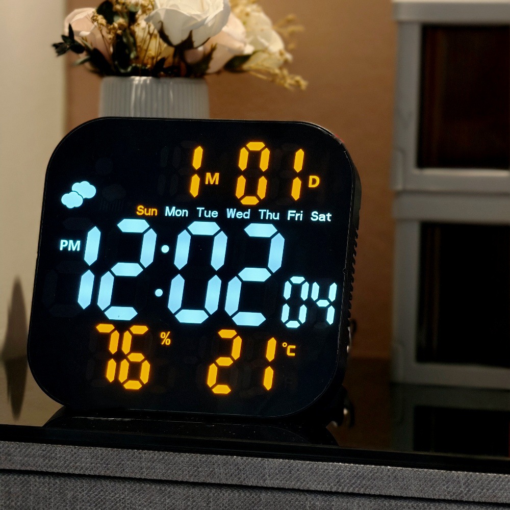 Multi-Functional Clock with Mirror, Led Electronic Clock for Living Room, Weather and Temperature Display, Wall Clock That Can Be Hung or Stood, Dual-Use Clock