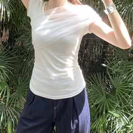 曾小咸 韩系网纱拼接白色正肩短袖t恤女夏季修身小个子设计感上衣