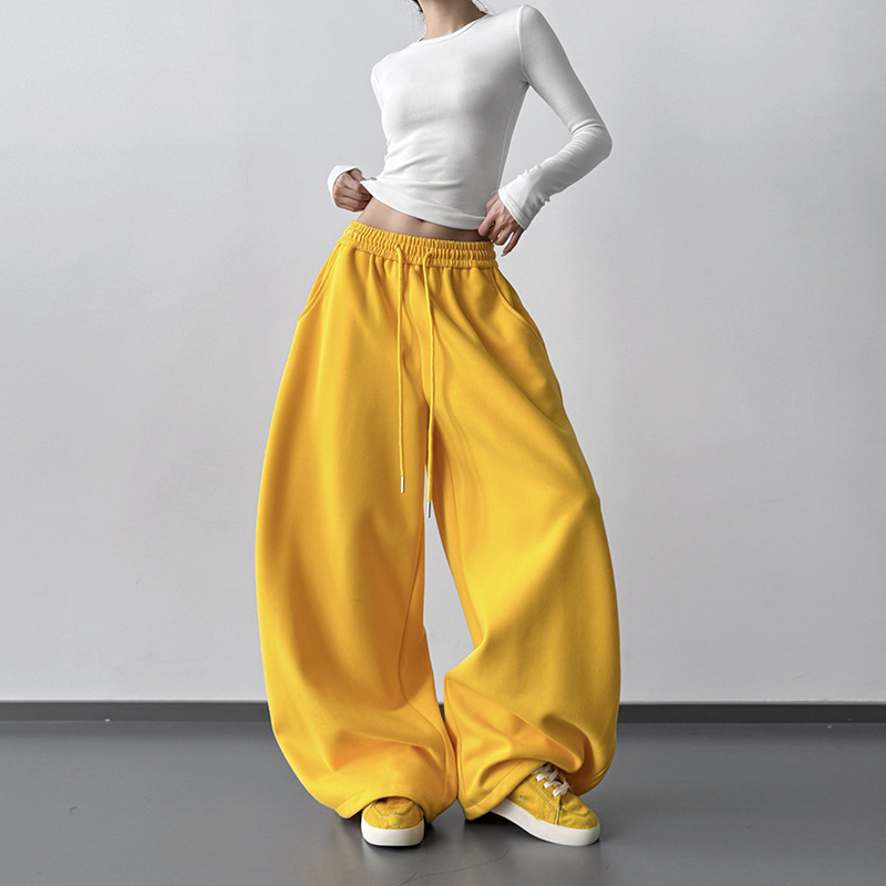 American-Style Yellow Sweatpants for Women, Spring and Autumn 2025 New High-Waisted Straight Loose Casual Joggers Cargo Wide-Leg Pants