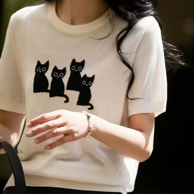 "F4 Cat" вязаная футболка с шелком тутовника и Tencel для замедления старения и стройности, короткий рукав, женская, весна-лето, новинки