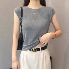 圆领短袖t恤女夏季2025新款高级感气质修身打底衫飞飞袖短款上衣