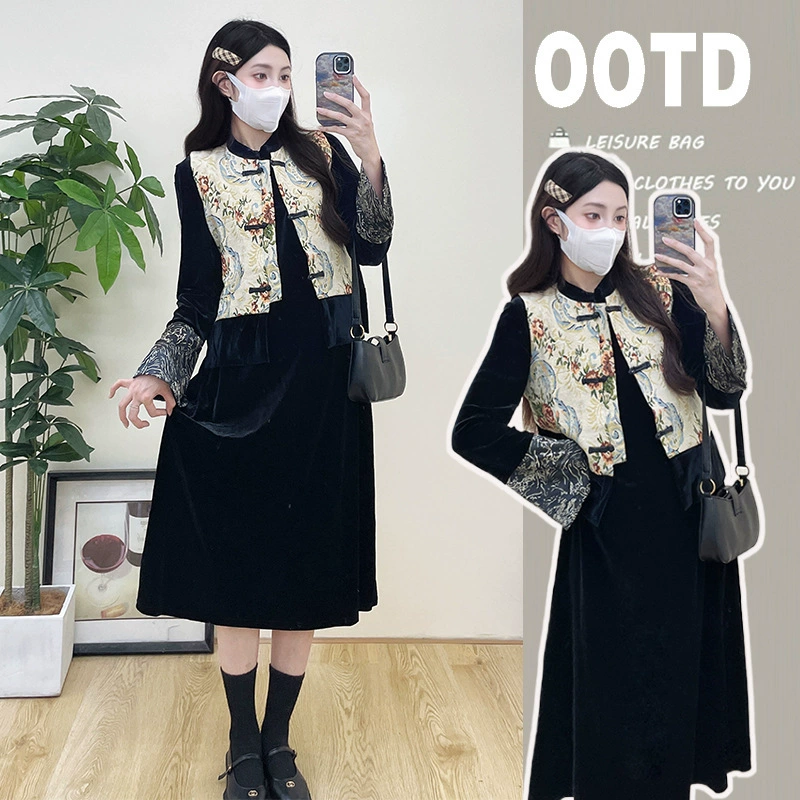 Юбка для беременных 2024 осень новая мода премиум чувство новый китайский стиль пуговицы жилет свободно висячем бархатное платье