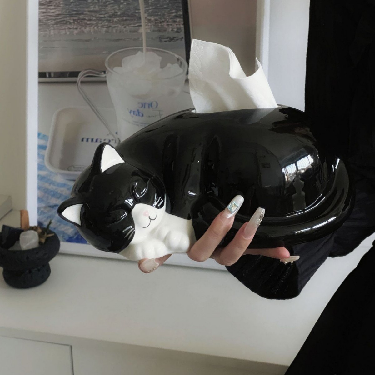 猫のティッシュの箱の陶磁器は紙の箱の玄関を引き出して家に入ります。