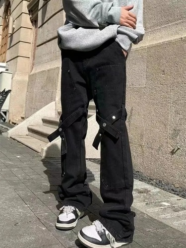 American-style vibe designer pants—Instagram-inspired high-street trendy black denim jeans with tie-up details, featuring a straight-leg silhouette and perfect for Hiphop enthusiasts.