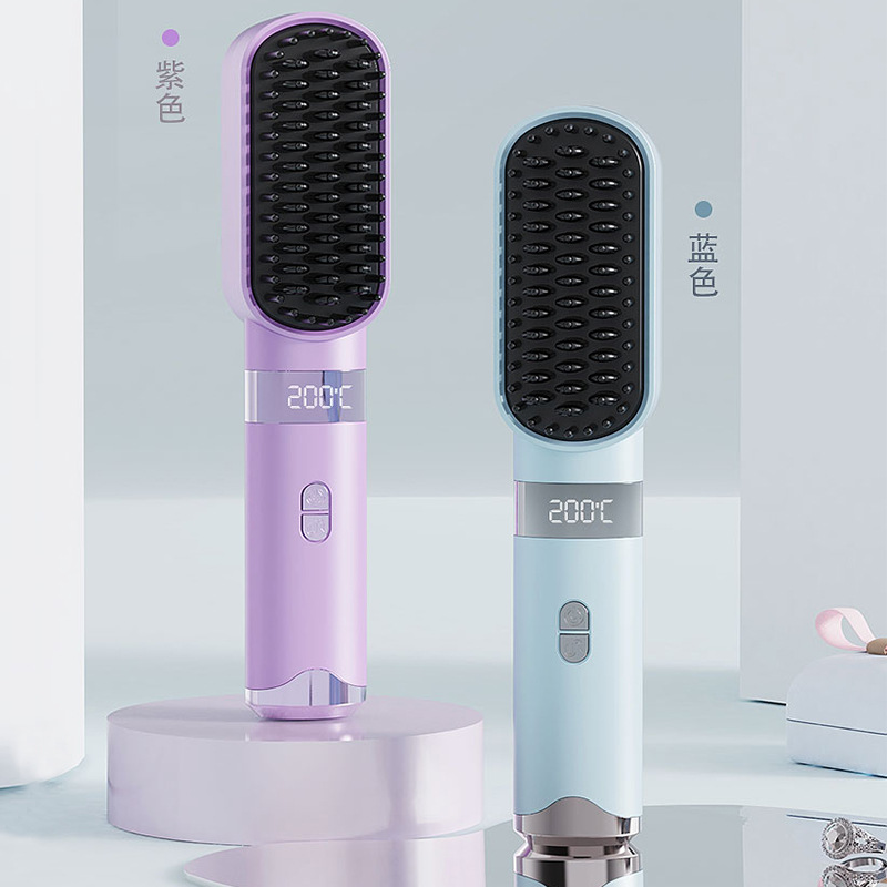Peine de pelo liso transfronterizo, los iones negativos no dañan el cabello, peine de pelo liso inalámbrico LCD portátil, rizado recto, dormitorio de doble uso, duración de la batería larga