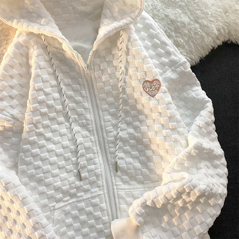 2021 autumn and winter new hooded long sleeve zipper cardigan jacket Korean version of simple love letter embroidery white sweater