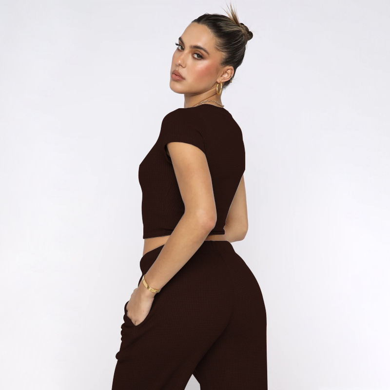 Spring Summer Solid Color Waffle round Neck Short Sleeve Women Clothing Casual Trousers Sets