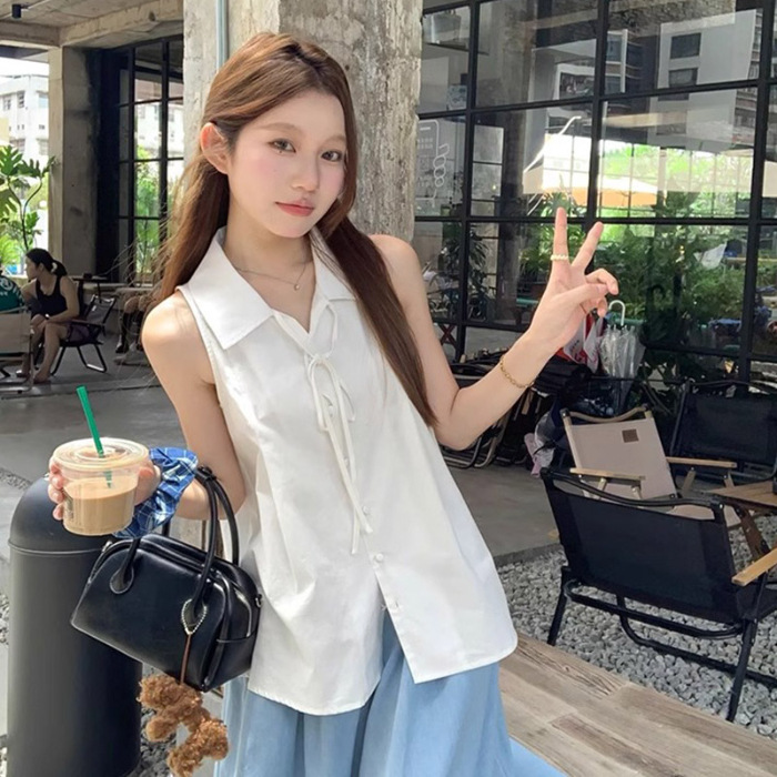 法式白色无袖背心衬衫女夏季设计感小众绝美衬衣娃娃衫气质上衣|undefined