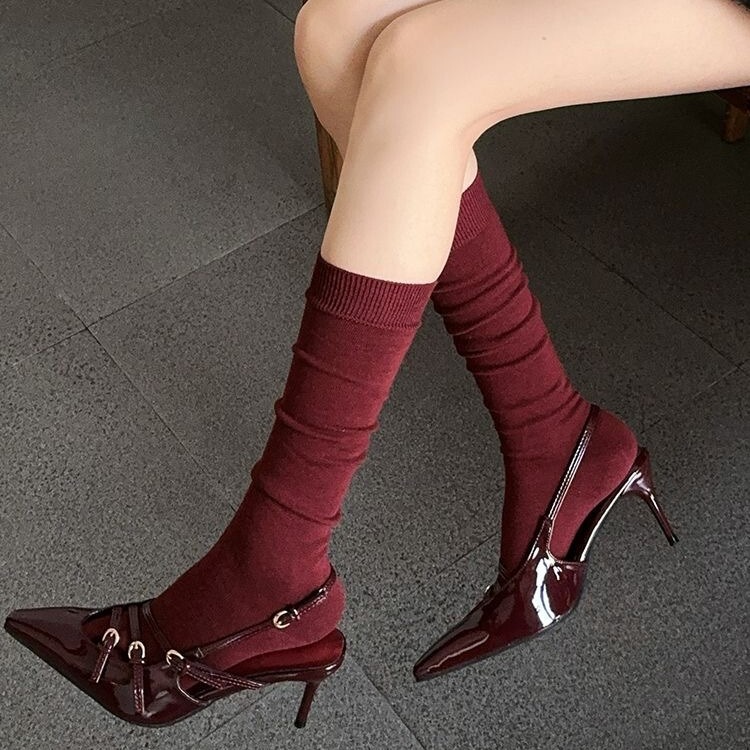 Autumn and winter wine red catwalk piled women's socks in the tube piled socks calf European goods calf socks basic socks women