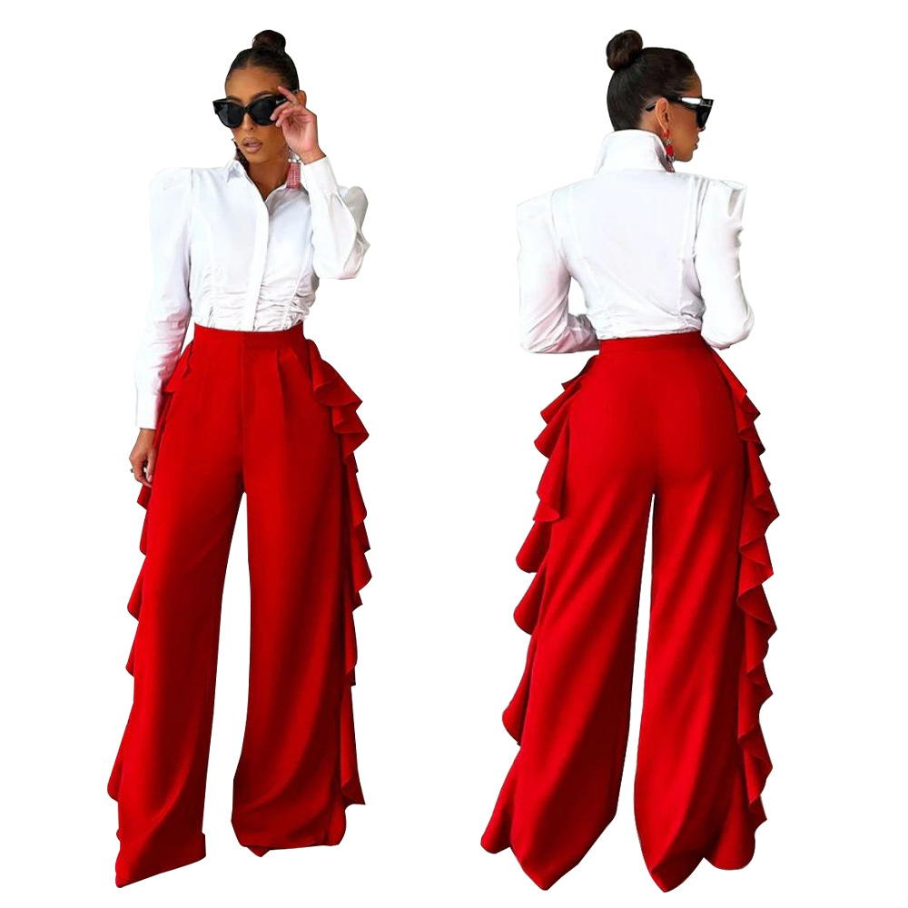 Women's Ruffled High-Waisted Wide Leg Pants Casual Formal High Waist Trousers For Spring Autumn Summer Regular Fit Polyester_ecoleips.com