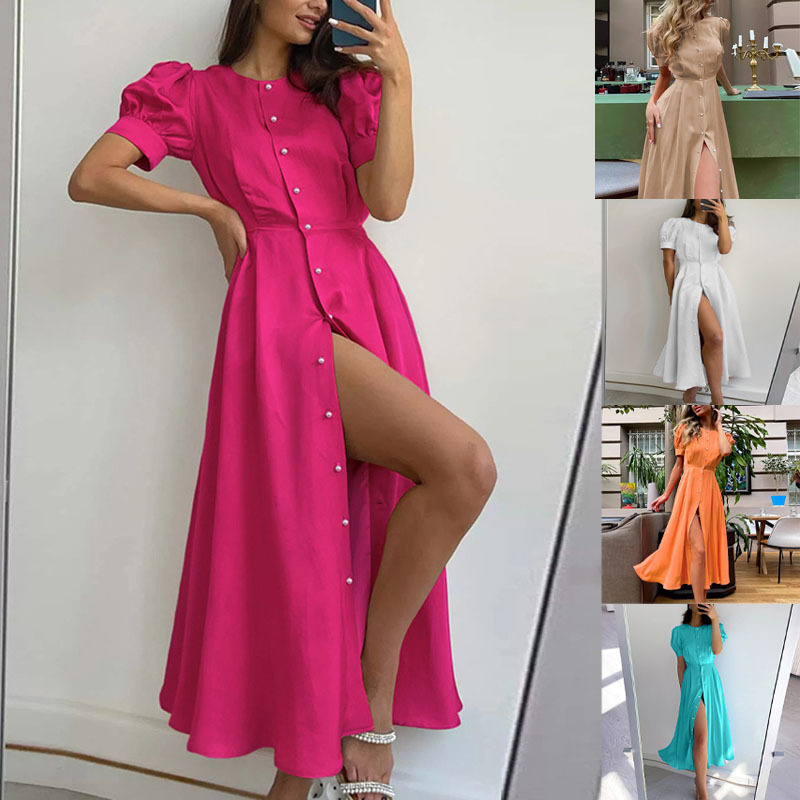2024 Summer Amazon Cross-Border European and American New Solid Color Elegant Slim High-Waisted Cardigan Button Mid-Length Dress