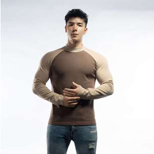 Autumn and winter new contrast raglan sleeves velvet round neck/semi-high collar long sleeve T-shirt base
