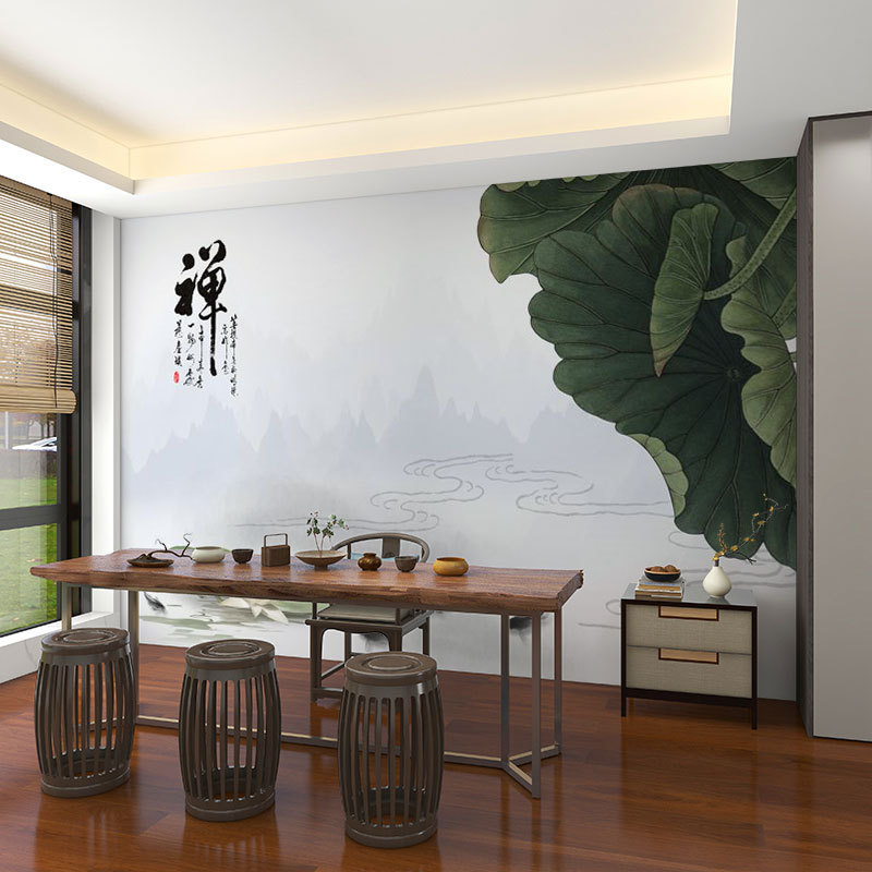 壁画3d立体中式意境荷花电视背景墙壁纸客厅壁布装饰墙布墙纸|undefined