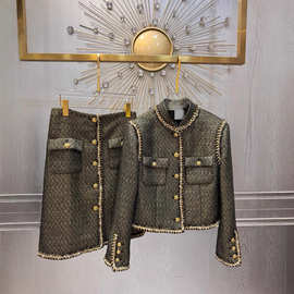 2026早春新款鼎版小香风复古绿金捆边斜纹粗花呢编织外套半裙