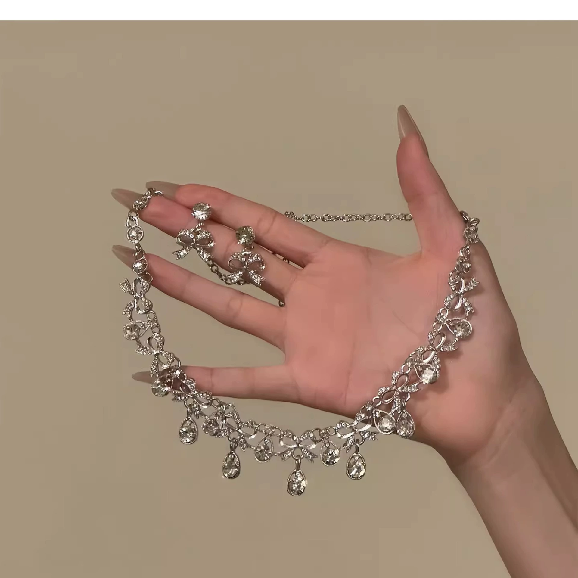 (Cross-border trading), necklace and earrings with bow drop-shaped with tassels, set, nail sequins for bride, new collection, light luxury style