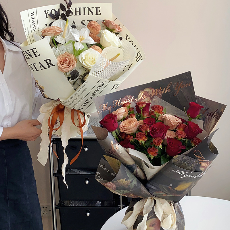 卓纤玫瑰烫金油画风花束礼物包花木棉纸防水花艺纸鲜花包装纸