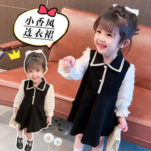 春秋款女童翻领网纱提花袖连衣裙中小童韩版学院风宝宝公主裙代发