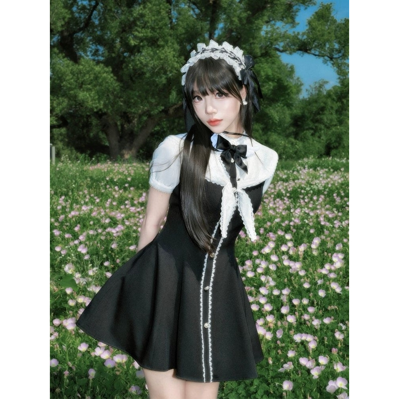 In-stock, all-white Japanese-style college dark fantasy anime-style mass-produced black and white contrasting color slimming dress In-stock, all-white Japanese-style college dark fantasy anime-style mass-produced black and white contrasting color slimming dress