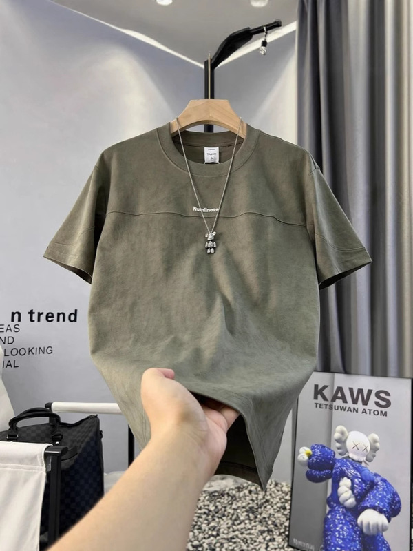 2025 夏の新メンズ半袖 Tシャツ無地シンプルなトレンディな若者ハイエンドシャツ絞り染めレタートップ|undefined