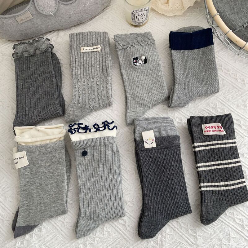 Classic Gray Embroidered Lace Women's Socks Double-Needle Mid-Calf Socks Women's Seamless Cotton Sweat-Absorbent Breathable Slouch Socks