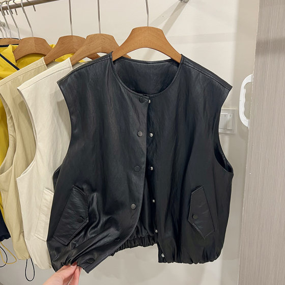 Korean Style Round Neck Protein Leather Vest Women's Spring 2025 New Loose Slimming All-match Sleeveless Winch Vest Jacket