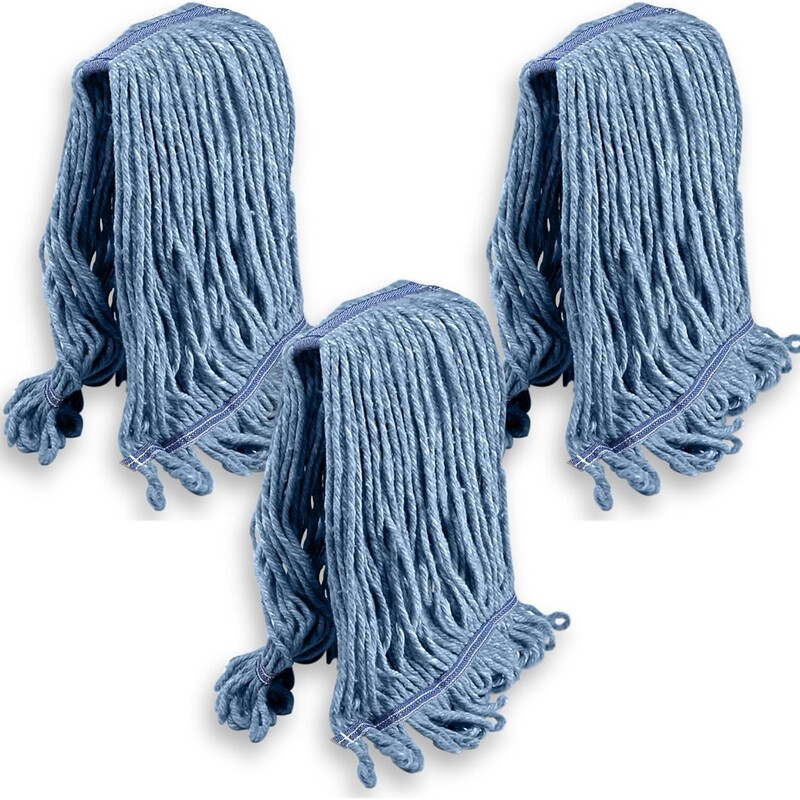 Heavy-Duty Commercial Mop Replacement Head, Wet Industrial Cotton Ring-End Cleaning Mop Head Replacement Pack, Blue Mop