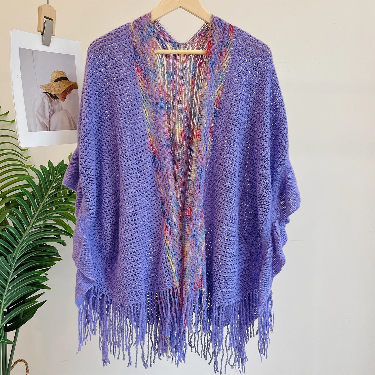 Nuevo chal de mujer, tiras de color, suéter de punto, foto de viaje, capa étnica de todo fósforo, capa de todo fósforo, viaje