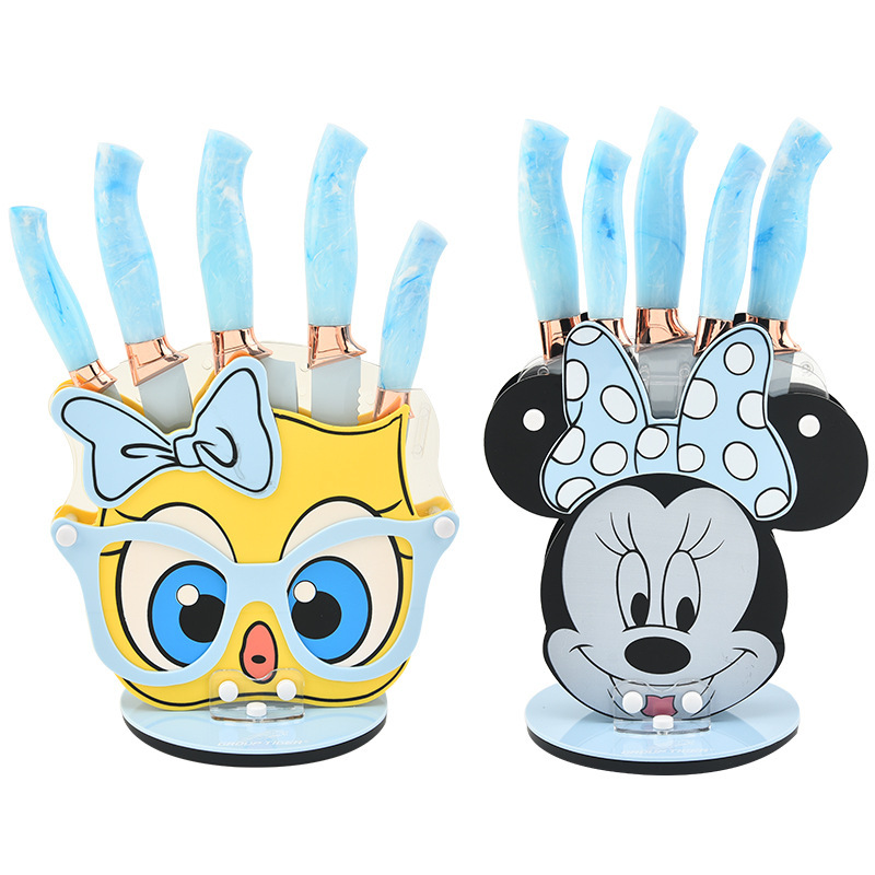 Nuevo cuchillo de cocina estriado mango tricolor 6 piezas cuchillo de cocina cuchillo de frutas con cuchillo de dibujos animados