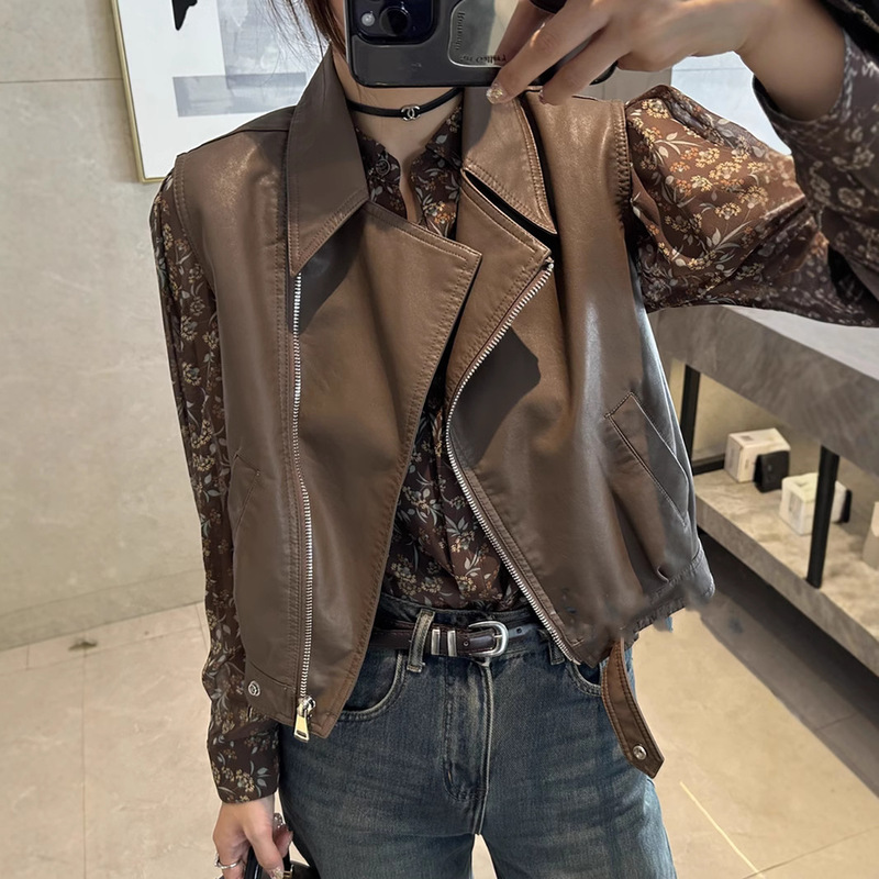 Casual All-match Puleather Vest Women's 2025 New European Loose Sleeveless Top Short Vest Small Leather Jacket