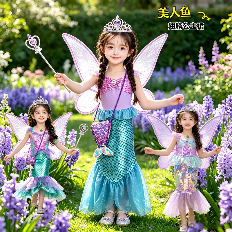 Kindergarten Mermaid New Style Winged Dress for Girls, Halloween Birthday New Princess Dress Performance Costume Kindergarten Mermaid New Style Winged Dress for Girls, Halloween Birthday New Princess Dress Performance Costume