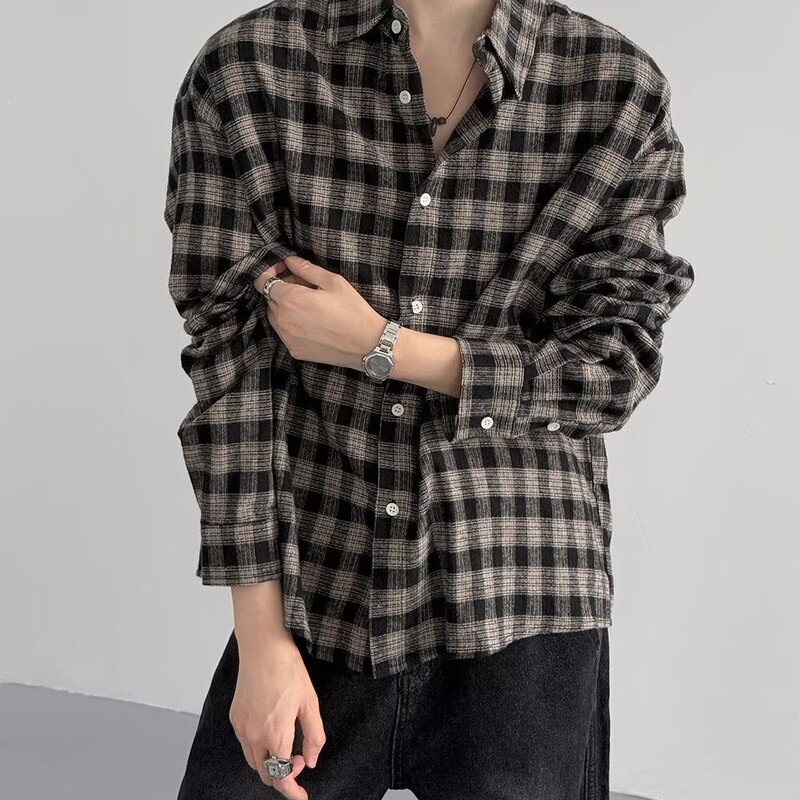 Autumn Japanese-Style Brushed Flannel Plaid Shirt for Men, Long-Sleeve Loose Casual Shirt【Manufacturer】
