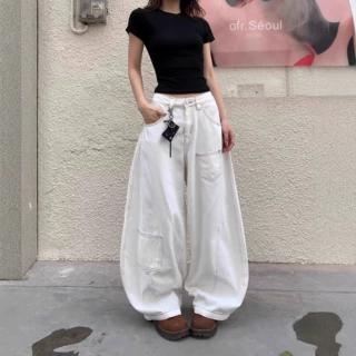 美式复古白色高腰弯刀牛仔裤男夏季新款高街设计感宽松显瘦阔腿裤