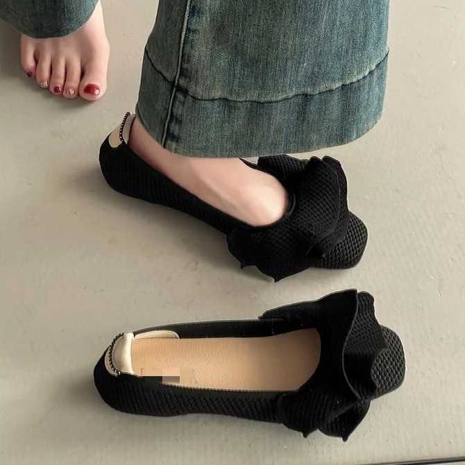 Suela blanda francesa de punto cómodo borde de loto zapatos abuela 2026 nuevo verano con falda ballet zapatos planos para mujeres