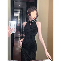Хепберн стиль флокировка высокого уровня cheongsam элегантный летний длинный тонкий без рукавов маленький черный юбка гигантское тонкое легкое зрелое платье