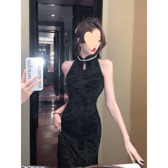 赫本風植絨高級旗袍優雅夏季長款修身無袖小黑裙巨顯瘦輕熟連衣裙