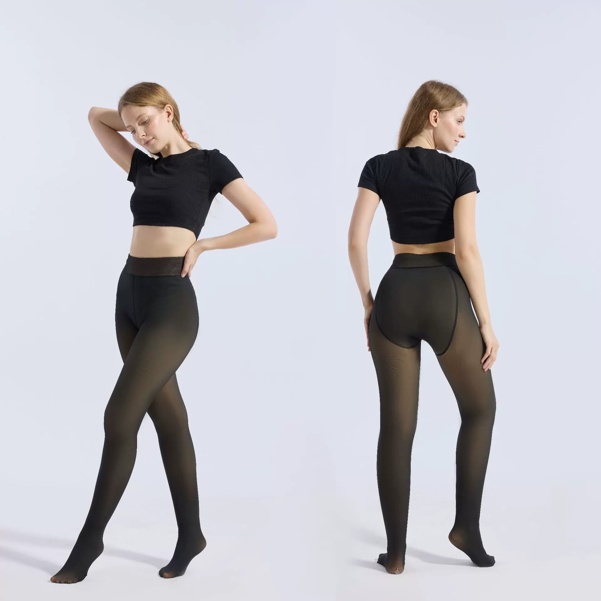 跨境新款一体透肤加绒打底裤女高腰提臀紧身裤