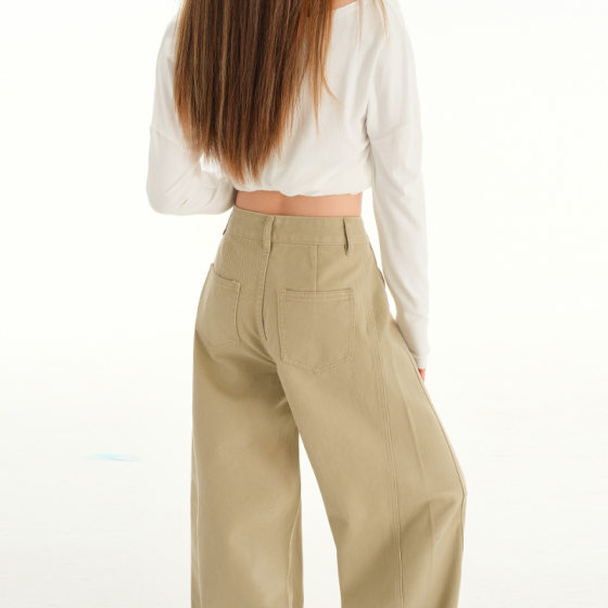 SY7609 New American Style Retro Jeans Women's Design Sense Stitching khaki Loose Wide Leg Straight Pants