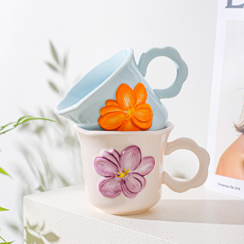Diseño artesanal tridimensional flor de alta calidad de cerámica taza de café taza de agua de niñas regalo de cumpleaños creativo
