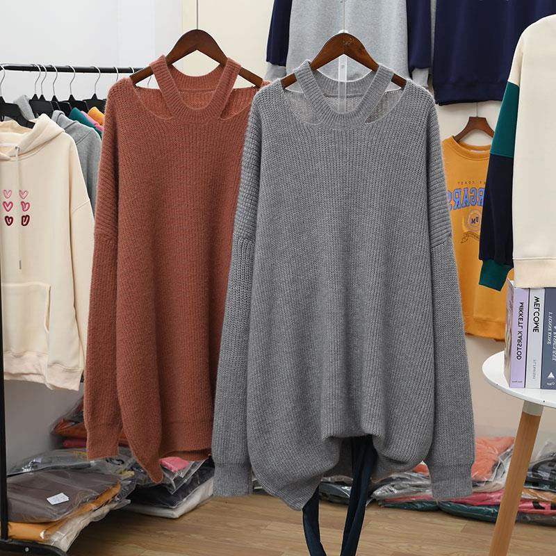 加大码300斤秋冬季胖MM时尚简约纯色圆领针织毛衣衫女中长款ins潮