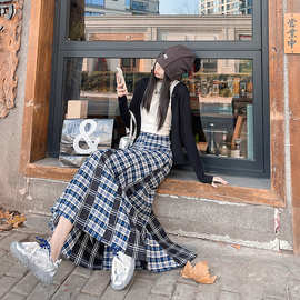 llxc1609格纹半身裙女2025秋冬毛边拼接高腰显瘦A字百褶中长裙