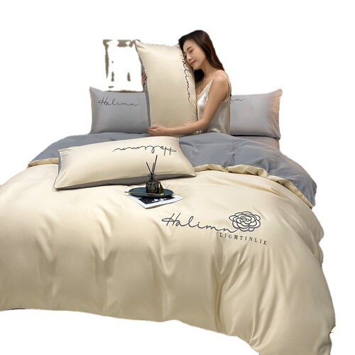 2024 New Washed Satin + Washed Cotton Nordic Simple Solid Color Washed Cotton Bedding Set with 1.8m Bed Sheet